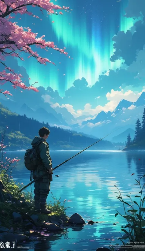  a man is fishing in a quiet lake . Sakura petals flying . it&#39;s raining,  but the sky is full of magnificent auroras.  the lake has a clear reflection of the environment .