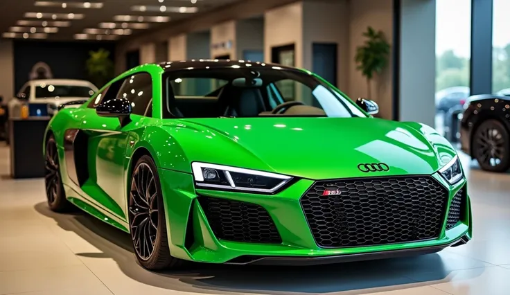 .AUDI R8 colour green Front view luxury showroom 