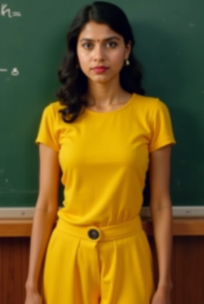 Ek ladki khadi hai jisne pili hudi aur niche pila lower pahna hai uski teacher ke piche Anupama Pathak Naam likha hai create image