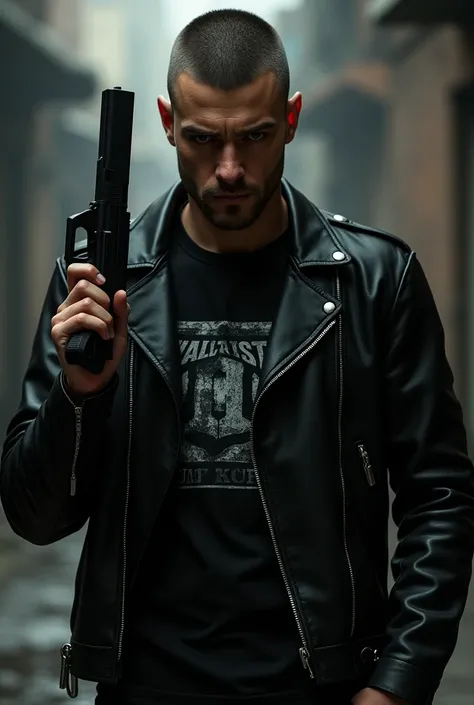  A man with undercut hair ,  wearing a black leather jacket ,  wearing a black hand t-shirt the right, and holding a firearm .