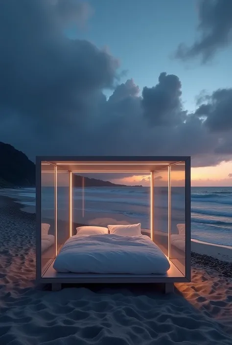 A beach with a glass cube for comfortable housing, a white bed with a very beautiful nude bed, night, light waves, polar twilight, beautiful orange horizons at night, calm, thunderclouds, heavy clouds, psychological comfort, and shade the picture at night