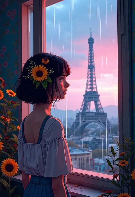  There is a woman standing in front of a window looking at the Eiffel Tower  ,  with sunflower hair ornaments ,  synthetic wave  aesthetic, Arte Lofistyle, Hip hop lo-fi,  aesthetic lofi , Cyberpunk atmosphere, Lofi Vibes,  synthetic wave  style,  syntheti...