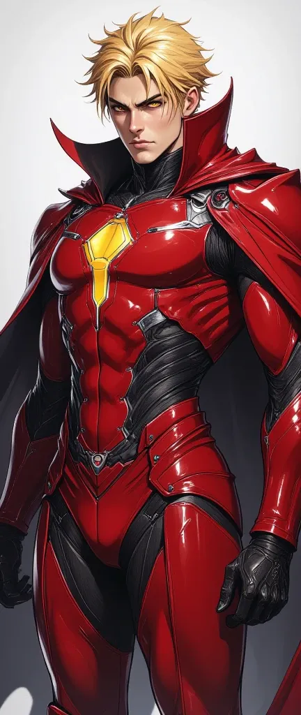 ( best illustrations:1.2), ( masterpiece:1.2 ), (  super detailed), 8k, 16k, red cyborg costume, yellow hair , handsome face, red cloak