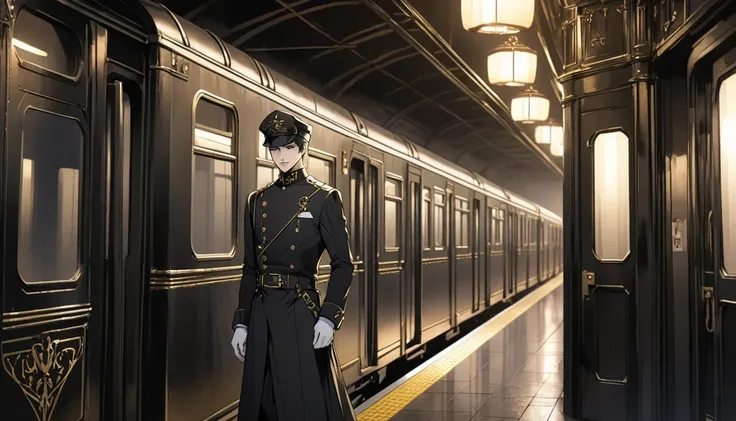 Create an anime-style portrait of a man in a Gothic-style station attendant uniform entering a train conductors compartment.
The design incorporates Gothic elements such as Victorian details to portray the station attendants uniform in an elegant and intri...