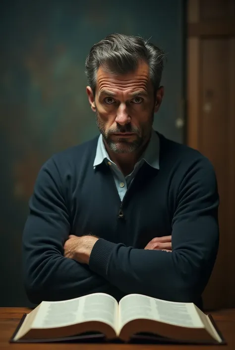 Man with his arms crossed looking suspicious. Open Bible on the table. Blurred background.