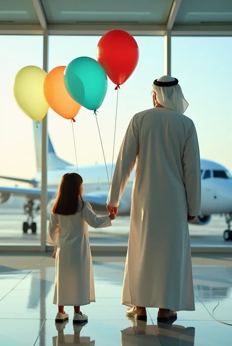 I want you to create a picture of a cleric in Gulf clothing, and next to him is a Gulf  holding colorful balloons in his hand inside an international airport. The picture is in 1:1 proportions, as if he is looking at the person taking the picture, and behi...