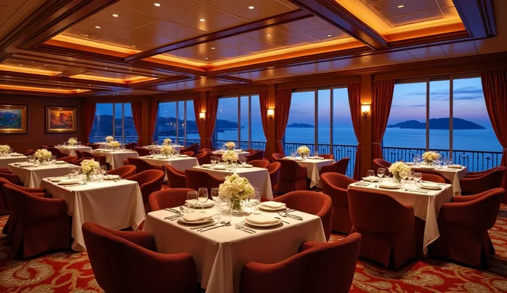 A large banquet hall on a cruise ship　hole　Night view　Luxury Resorts　Highly detailed landscape, Nice views, Shimizu,　 Relaxing lounge area, Impeccable service, Delicious cocktails, High-class restaurant with a night view of the sea, Quiet and tranquil atmo...