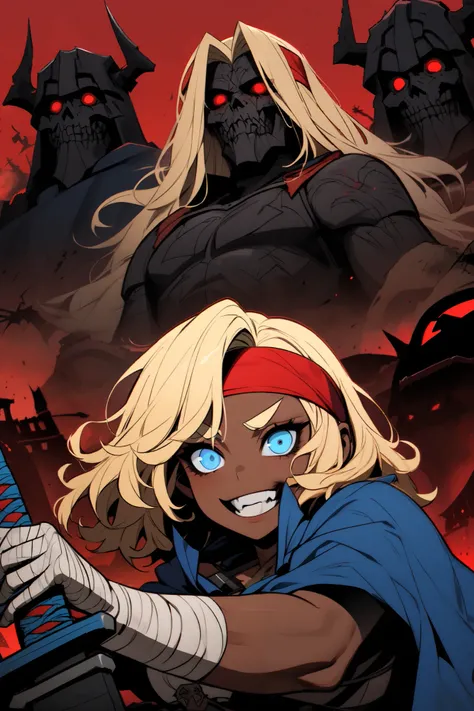 Blonde hair, red headband, blue booze, bandage gloves, Wild hair, thick eyebrows, blue eyes, brown skin, blue cape, back katana, dark empire, creepy forge, red sky,