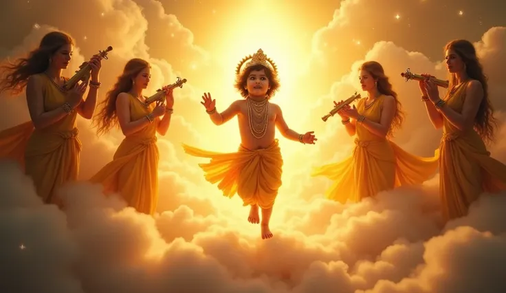  "A celestial scene with a radiant baby Krishna emerging from a divine light, surrounded by celestial beings playing heavenly instruments. Golden hues and soft focus."
Style: Mythological or Celestial
