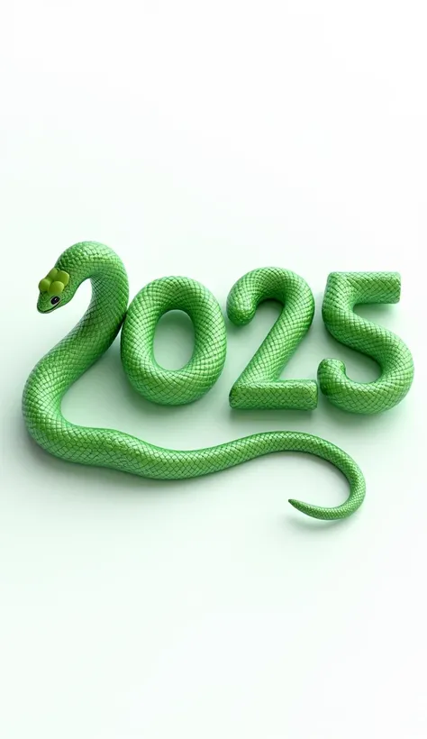 3D numbers 2025, each number is a separate green snake, bright colors, on a white background,