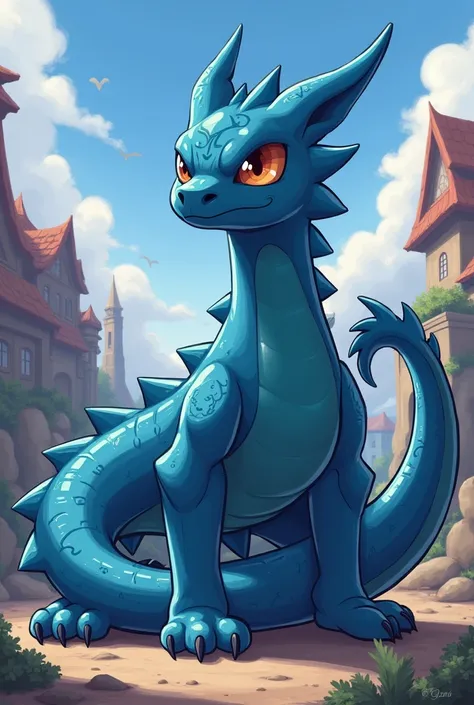 Create me a Pokémon .  deep blue .  Dragon type not a dragon .   that is animated like Pokemon more cartoon and more fearful