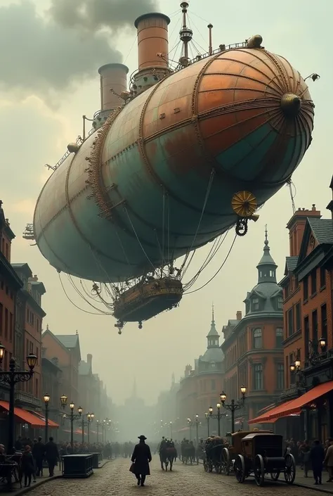 Steampunk Airship Over a Victorian City: A large, intricate airship floating above a Victorian-era city, with copper pipes, brass gears, and steam vents billowing from the ship. Below, cobblestone streets are lined with gas lamps and horse-drawn carriages.