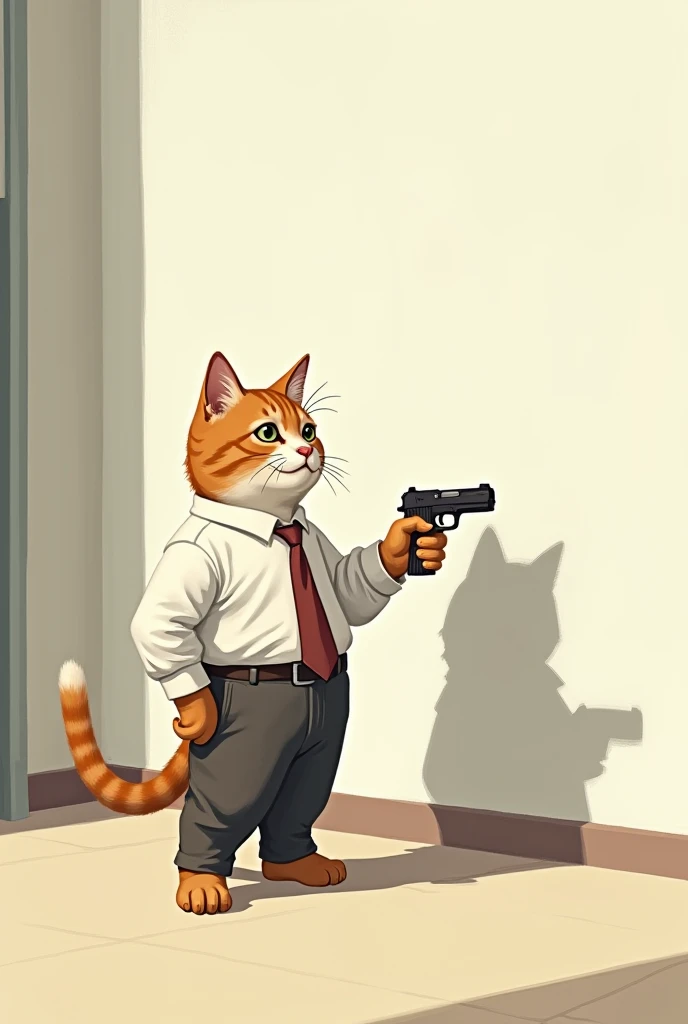 Cat shoots at his shadow on the wall with a gun.