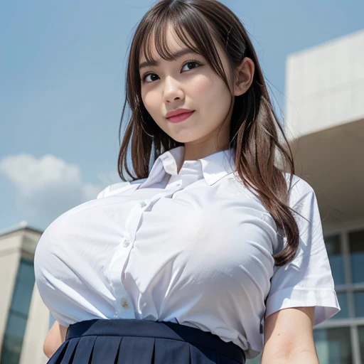 Detailed and complex,  (Perfect figure), (Japanese woman), long legs, Long and straight hair in light color, (perfectly cute face:1.6), round face, (very huge breasts:1.55), (school uniform:1.46), (view from below:1.51), (closed shirts:1.48), emphasizing b...