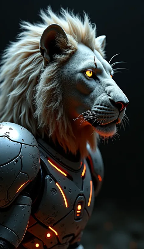 futuristic and mechanical lion hybrid, creature has a lions face with metallic mane, highly detailed robotic body, intricate mechanical parts, glowing orange elements, sleek, armored appearance, blending organic and machine feature, dark background, dark f...