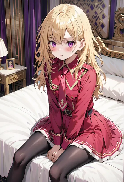  high image quality 、masterpiece、  High Quality   、Full HD、4K 、Take a full-body photo、 Golden Hair 、 、 semi-long 、 purple eyes、Cat Eyes、blush、 Danger Emoticons、Estrus、 slim、 flat chest、blush、royal palace、Sit on a big bed、 Black Tights 、Red Uniform、 red tie...