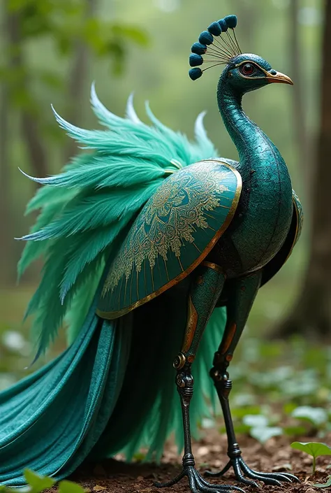 A peacock robot with large green wings and a long blue shiny tail, decorated with Javanese batik patterns. Its feathers look sharp like weapons. 