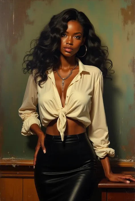 oil painting by Frank Frazetta。Beautiful black female models。1 person。Jet Black Skin。 blouse, tight skirt, 。classroom