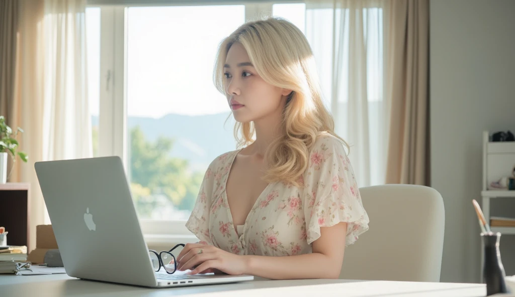 White,blonde, beautiful young woman,sitting in an office,wearing a floral summer dress. Wearing glasses. Laptop in front of her.