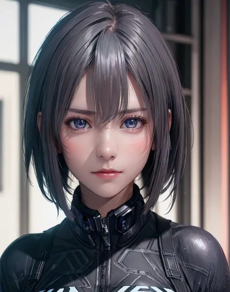 (8K, Photorealistic, Raw photo, of the highest quality: 1.3), (1girl in), Super beautiful, (Realistic face), (boyish, Silver Color Berry Shorthair), Beautiful cyberpunk suit, Glare that captivates viewers, Beautiful expression, Beautiful breasts, (Realisti...