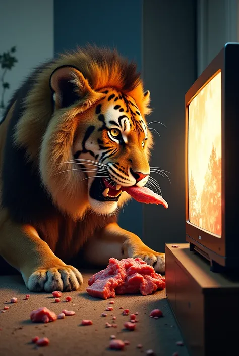 A big cat eating and watching TV