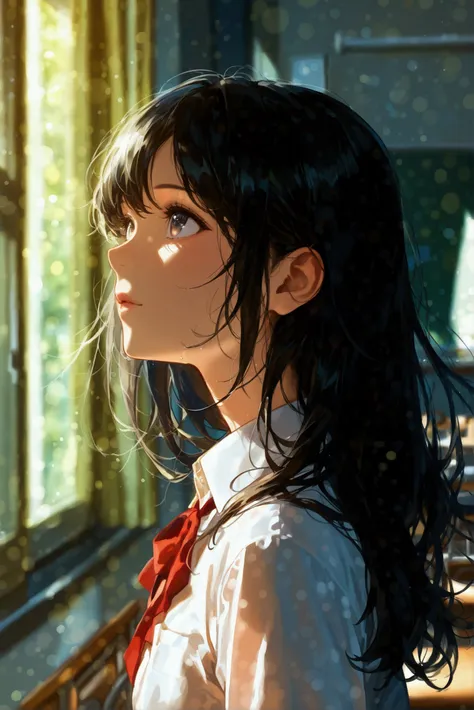  beautiful girl　 black hair　uniform　classroom　 looking up 　