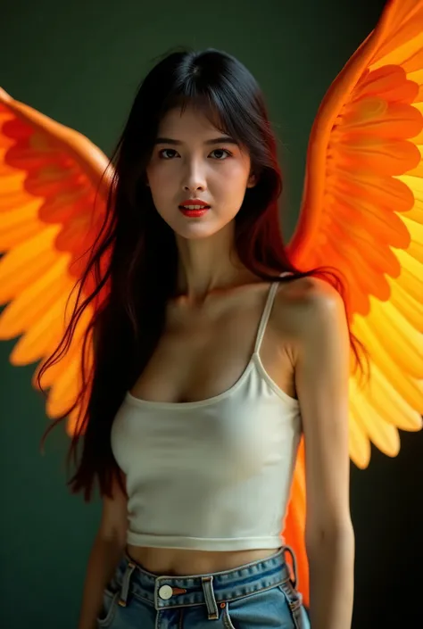 /I A beautiful Chinese girl with long hair, bangs and phoenix eyes, wearing jeans, a white top and orange wings on her back. The photo was taken in a studio with a retro style, featuring photography in the style of Japanese photographer Daido Moriyama, usi...