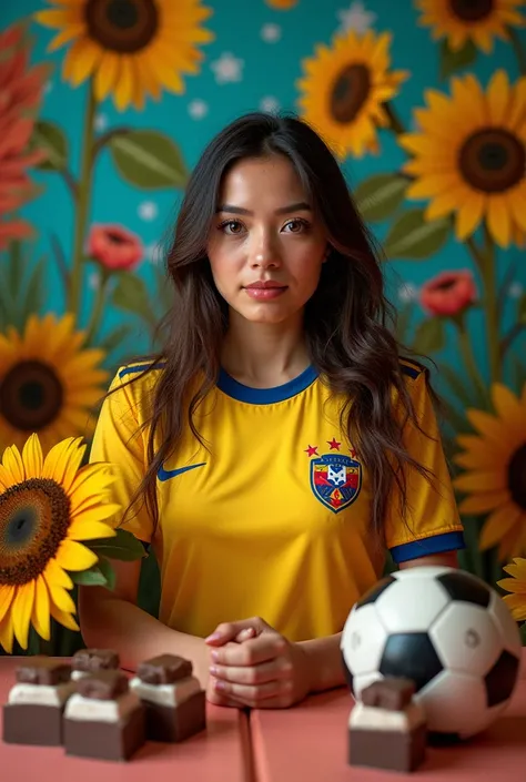  18-year-old woman wearing the Colombian t-shirt, colorful background, Sunflowers in her hand , chocolates, soccer balls, vintage, double sided 