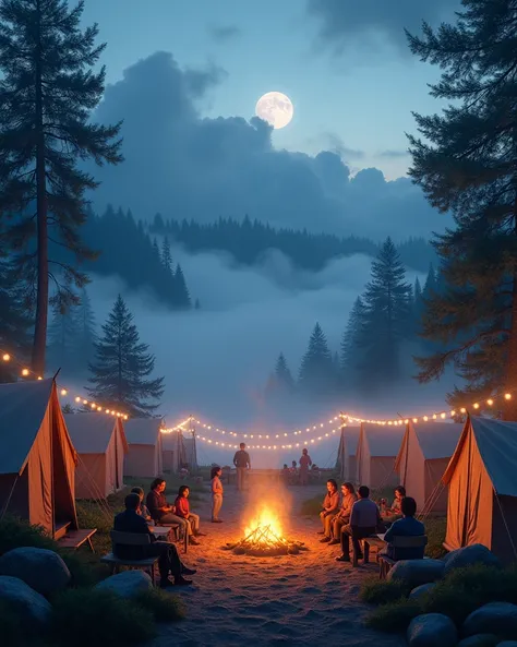 Camping, "sea of ​​fog" atmosphere in the evening before dusk, many people having fun and activities around the campfire, there are decorative lights, many tents, wide view.