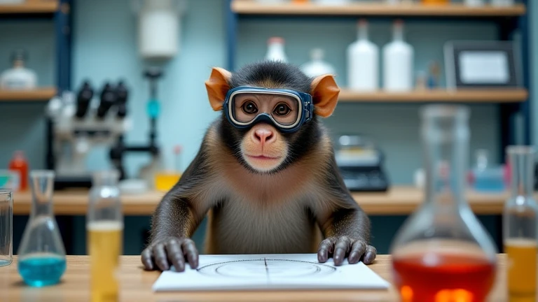 a monkey wearing special glasses in the laboratory is conducting experiments.  realistic photo