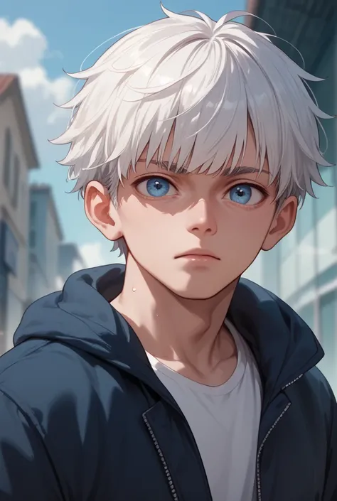 cold male anime character, with short white hair with bangs and big eyes    