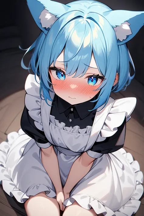 1girl, light blue hair、Animal ears、Heart Eyes、solo, Heart Peace、Maidヘッド dress, Maid,  naked apron, Short sleeve,  dress,  Closed Her Mouth ,  white apron,  Maidエプロン,  fluffy short sleeves with pants, Frills, Fluffy sleeves, 黒い dress, Hair gets in your eyes...