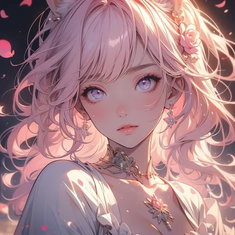 （（masterpiece）），（ top quality ）））， Very Detailed ， Seductive sexy woman sweating ，（ Very delicate beautiful face ），（ Beautiful eyes every detail），Breast covered with rose petals ，（ full chest ，White/ Pink Hair），focus on face，focus on face， complex eyes ，Ex...