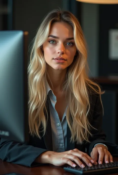 a beautiful girl with long blonde hair, detailed eyes, nose, and lips, wearing  professional outfit, siting in her office, using her computer, hp comuter (best quality,4k,8k,highres,masterpiece:1.2),ultra-detailed,(realistic,photorealistic,photo-realistic:...