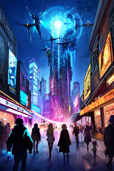 Celestia towers as a neon-drenched metropolis, a testament to humanitys resilience and chaos after the collapse of modern society. Vast spires claw at the perpetually darkened sky, their facades glowing with an endless cascade of holographic advertisements...