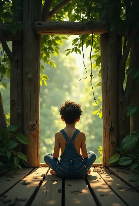 introspective boy overalls shirtless sitting treehouse