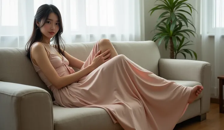 A beautiful young Japanese woman in a long, flowing skirt is sitting on a sofa in a room.  She has her legs crossed.  The side of her skirt nearest to the viewer is pulled back so that her thigh is visible.