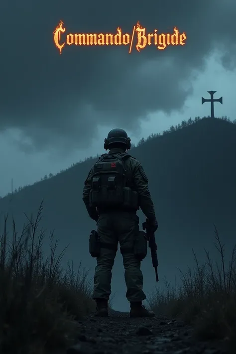 Draw a picture of a man standing upright wearing TNI camouflage, wearing a bulletproof vest, combat helmet, and holding a weapon. The man looked up the hill and saw the wrong cross. At night, the clouds were dark and it was raining. Above the cloud there i...