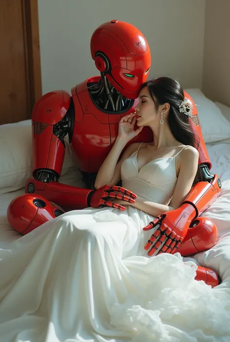  A beautiful Korean girl in a thin white wedding dress,  sitting on top of man-shaped robot ,  male robot holding beautiful girls cheek , red colored robot ,  male robot lying on bed ,  male robot holding girls waist ,  and a beautiful Korean girl holding ...