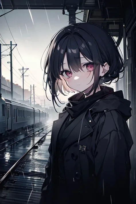 a girl standing on train tracks, rain pouring down, train lights shining brightly, despair, dark mood, suicide attempt, desolate landscape, gloomy sky, dramatic lighting, cinematic angle, emotional expression, detailed facial features, melancholic, muted c...