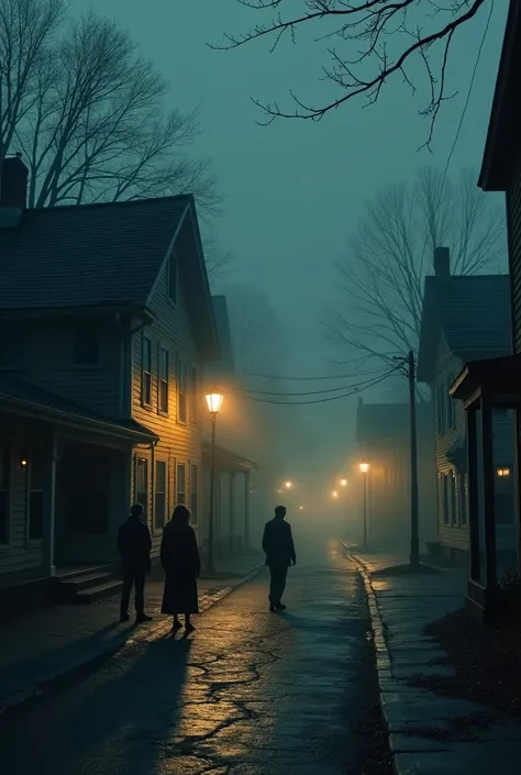 "A chilling evening scene in Gray’s Hollow, where the air grows heavy, and the village remains eerily quiet. The sun has set, and the atmosphere feels thick, almost suffocating. Jack, Lucy, and Sam stand in the town square, looking around nervously as the ...