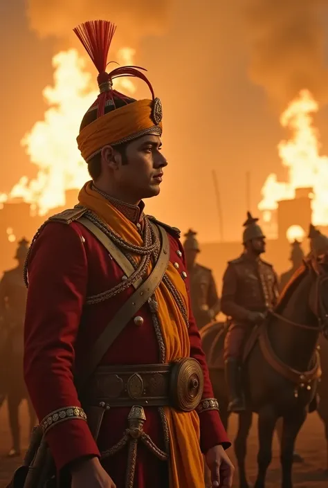 YouTube thumbnail of TIPU SULTAN DRAMATIC THUMBNAIL HE IS wearing his traditional turben at his head and encountering British soldiers are fighting and womens a cring everrware dead bodies of peoplesand  stirangpttam fort is burning