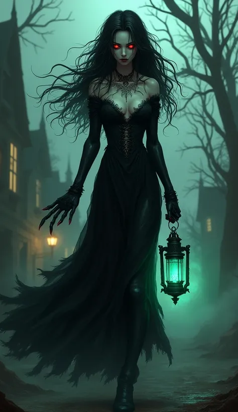 "Design a chilling and haunting female character inspired by the horror genre. She is known as The Wraithkeeper, a mysterious figure who blurs the line between human and supernatural. Her pale, gaunt face is framed by wild, raven-black hair that seems to f...