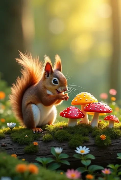 A cute squirrel is happily munching on colorful mushrooms growing on a moss-covered log adorned with tiny flowers. The image, captured in stunning 8K 3D, showcases a lush forest filled with warmth and life."A detailed 8K 3D image depicts a charming squirre...