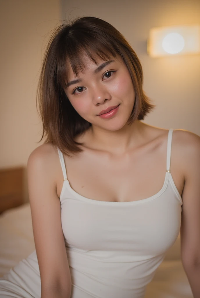 25-year-old Thai woman with white skin, fair face wearing tight dress, smiling, close-up photo,Face clearly seen,  in the bedroom