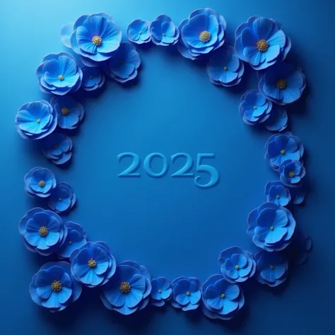 Make a happy new year 2025 wishing Card , deep blue rose petals, gradient effect, minimal, edge, artistic,