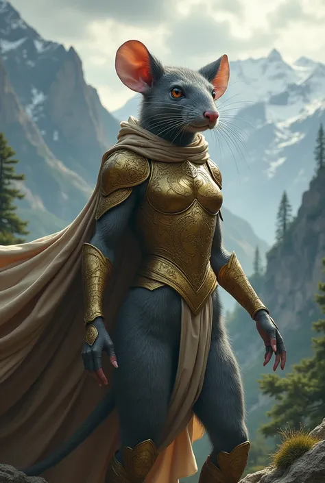 A regal woman with a flawless, athletic physique and the head of a rat, poised majestically in an epic, sprawling landscape, her rat features refined and humanoid, with piercing brown eyes, a slender snout, and velvety soft gray fur, her human body adorned...