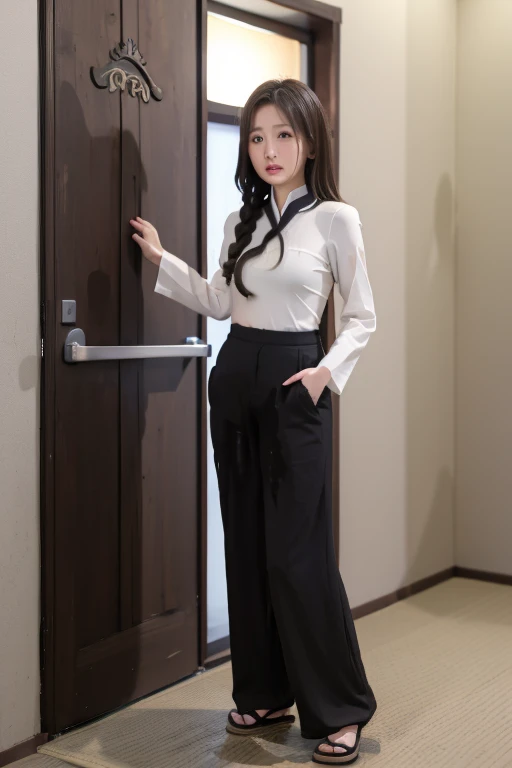 Japanese Girl sees the ghost and pees her black ao dai pants in fright.