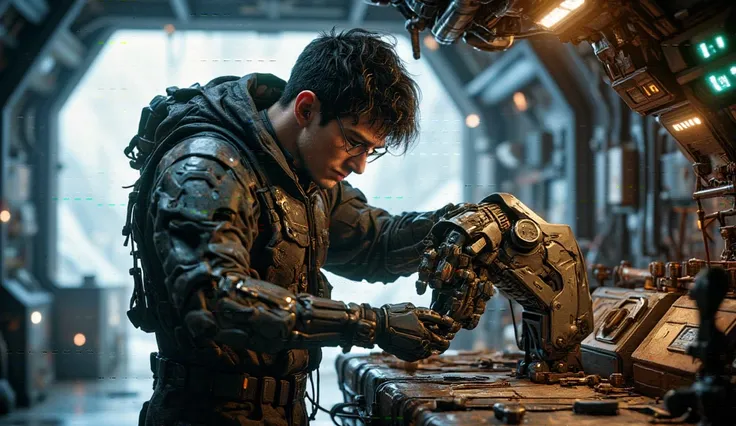 "Harry Potter, a young and scruffy mechanic, with glasses, working inside a dusty space mining station, surrounded by rusted machinery and glowing holograms. His messy black hair sticks out from under a futuristic visor as he adjusts a malfunctioning robot...