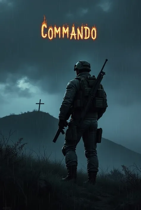 Draw a picture of a man standing upright wearing TNI camouflage, wearing a bulletproof vest, combat helmet, and holding a weapon. The man looked up the hill and saw the wrong cross. At night, the clouds were dark and it was raining. Above the cloud there i...